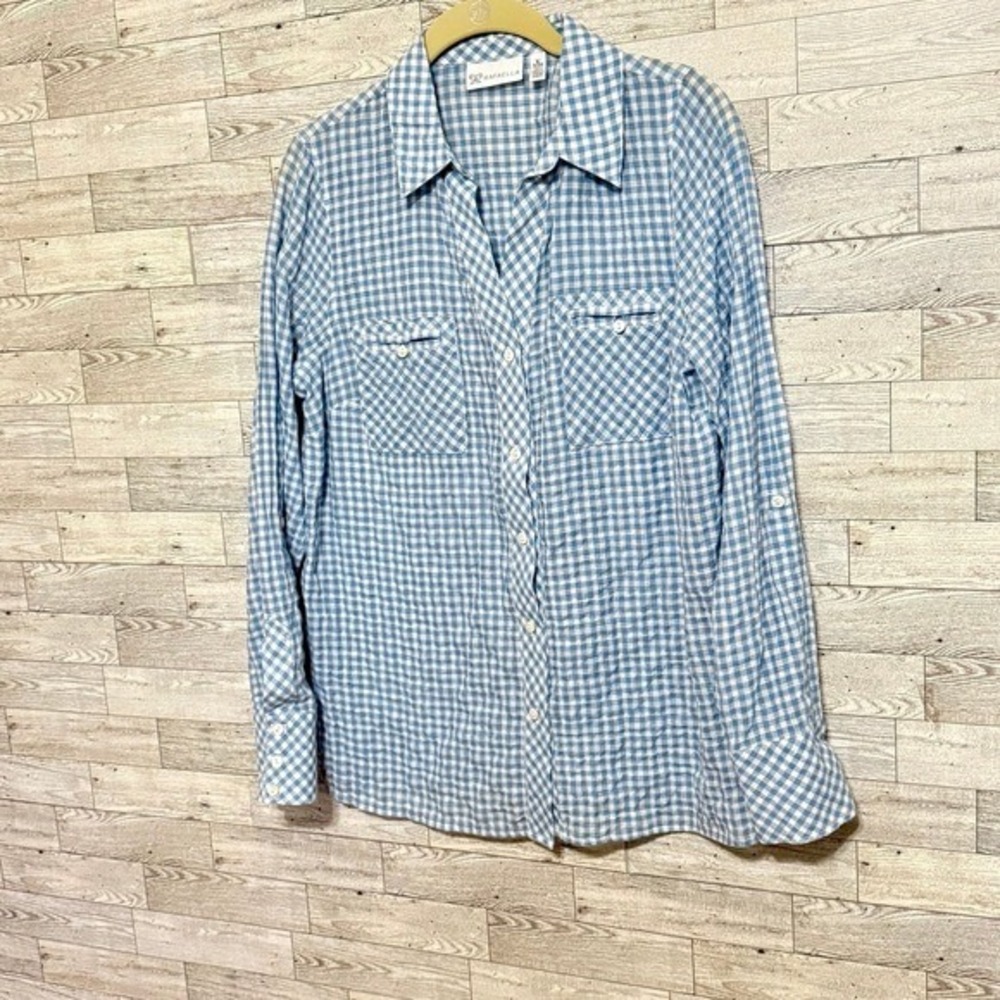 Rafaela Long Sleeve Button Up Shirt Blue White Gingham Plaid Muslin Blouse Small